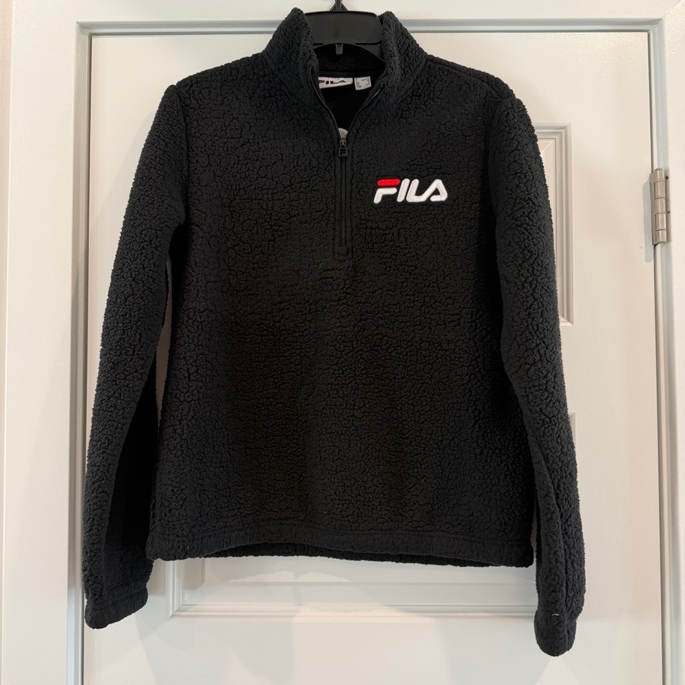 Fila Women’s 1/2 Zip Black Teddy Sherpa Fleece Pullover Logo Back & Front sz S
